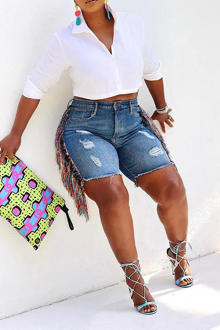 Plus Size Party Blue Fringe Denim Short