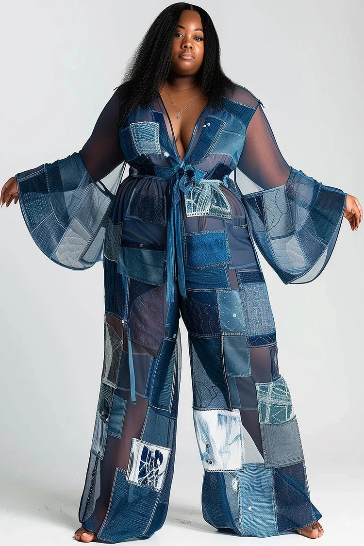 Plus Size Daily Blue Denim Print V Neck Long Sleeve See Through Wrap Jumpsuit