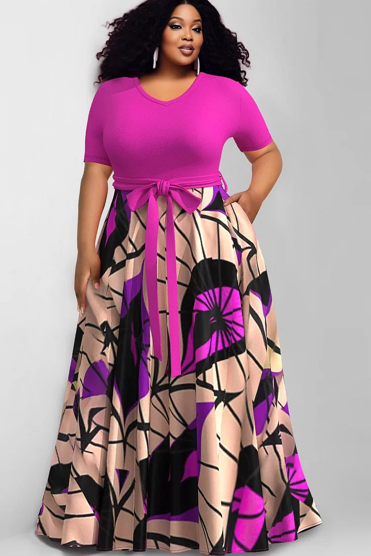 Plus Size Daily Magenta Round Neck Short Sleeve Pocket Maxi Dress