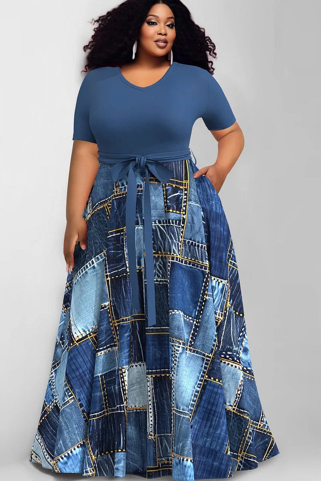 Plus Size Daily Royal Blue Round Neck Short Sleeve Pocket Contrast Tencel Denim Print Maxi Dress Image