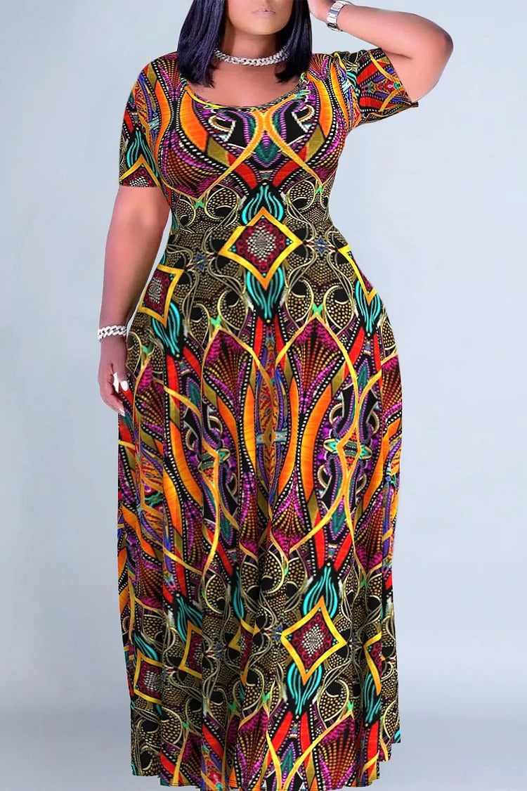 Plus Size Multicolor Casual Tribal Print Round Neck Short Sleeve Maxi Dress