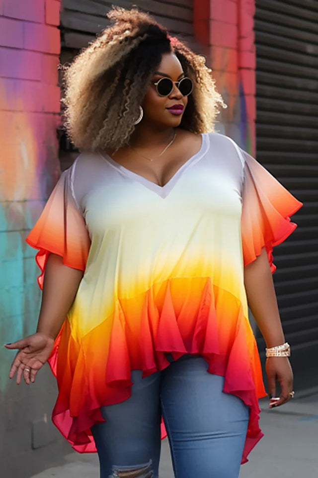 Plus Size Daily Multicolor Gradient V Neck Flutter Sleeve Asymmetric Hem Satin Top Image