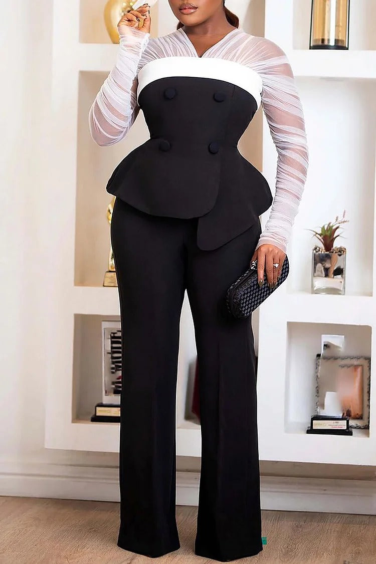 Plus Size Wedding Guest Pant Sets Elegant Black V Neck Long Sleeve Contrast See-Through Knitted Two Piece Pant Set