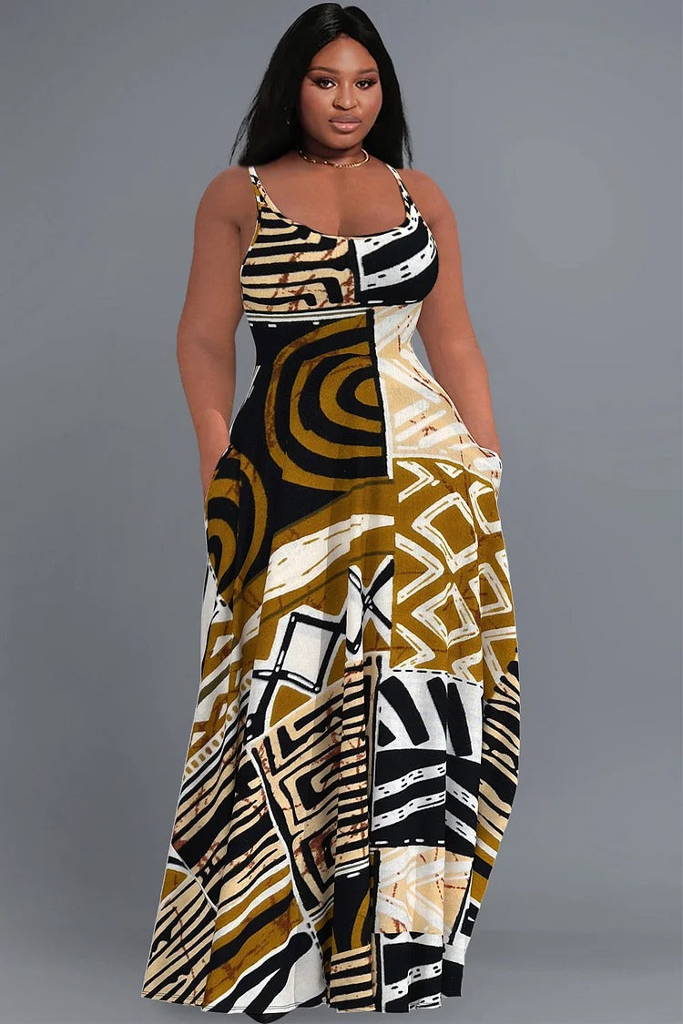 Plus Size Yellow All Over Print U Neck Sleeveless Pocket Maxi Dress