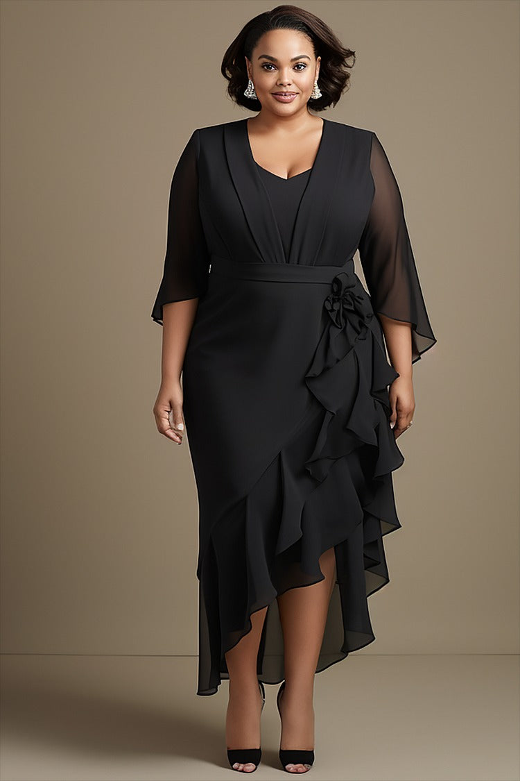 Plus Size Mother Of The Bride Elegant Black V Neck 3/4 Sleeve Flounce Midi Dress