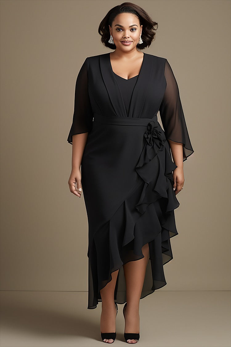 Plus Size Mother Of The Bride Elegant Black V Neck 3/4 Sleeve Flounce Midi Dress Plus Size Mother Of The Bride Elegant Black V Neck 3/4 Sleeve Flounce Midi Dress