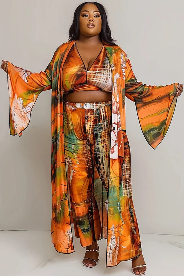 Plus Size Vacation Orange All Over Print Flare Long Sleeve Chiffon Three Piece Set Image