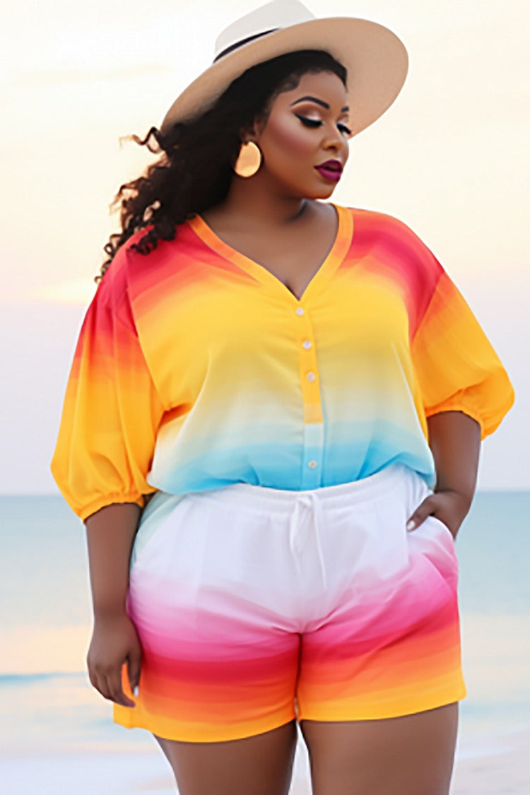 Plus Size Beach Casual Multicolor Gradient V Neck Lantern Sleeve Half Sleeve Button Pocket Two Piece Short Set