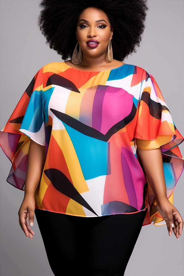 Plus Size Business Casual Multicolor Geometric Round Neck Petal Sleeve Half Sleeve Chiffon Top