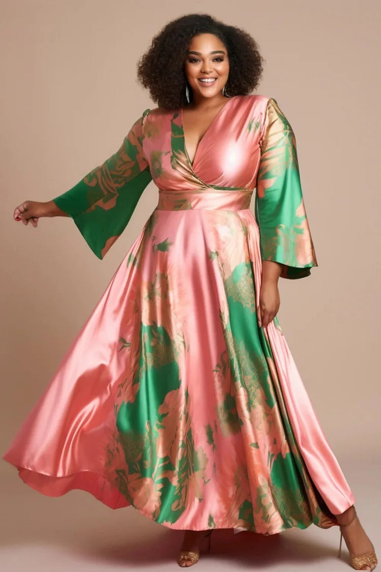Plus Size Vacation Elegant Pink Colorblock Flare Long Sleeve Satin Maxi Dresses