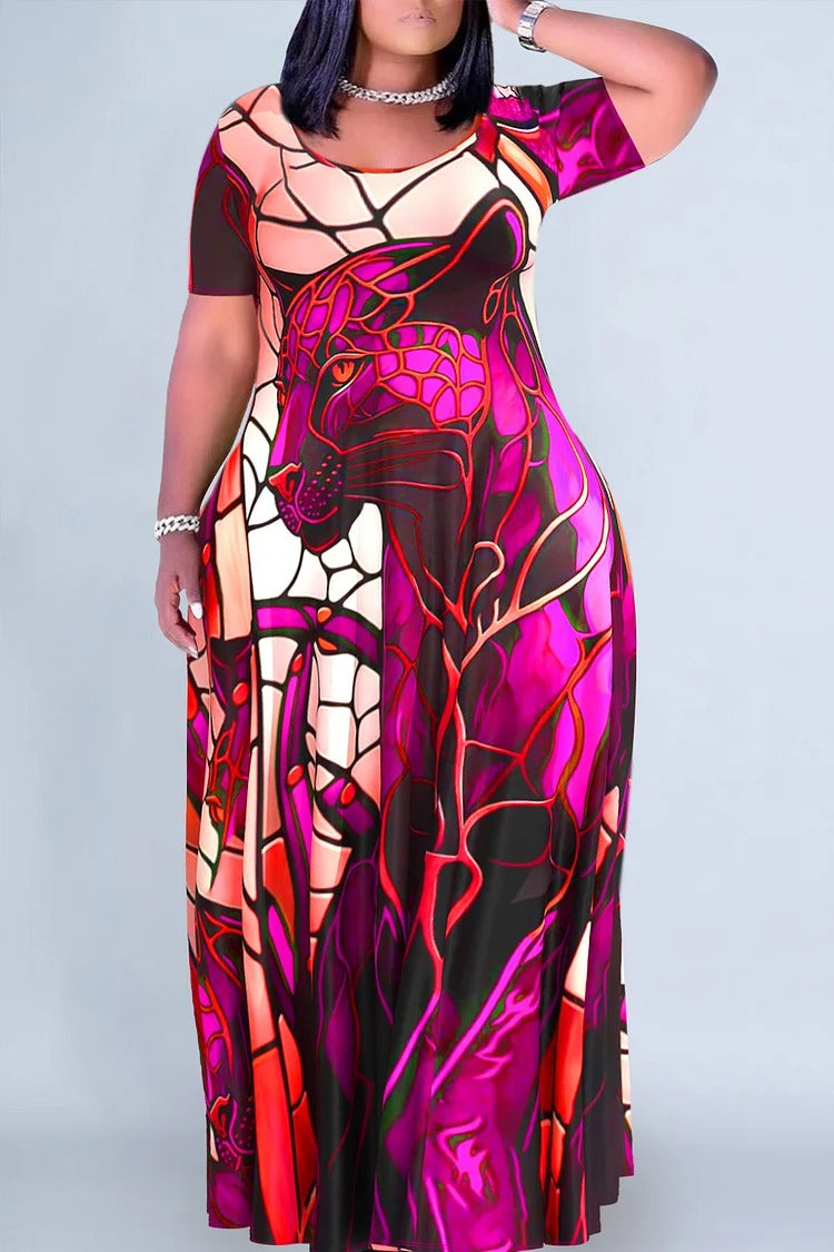 Plus Size Casual Magenta Animal Print Round Neck Short Sleeve Maxi Dress