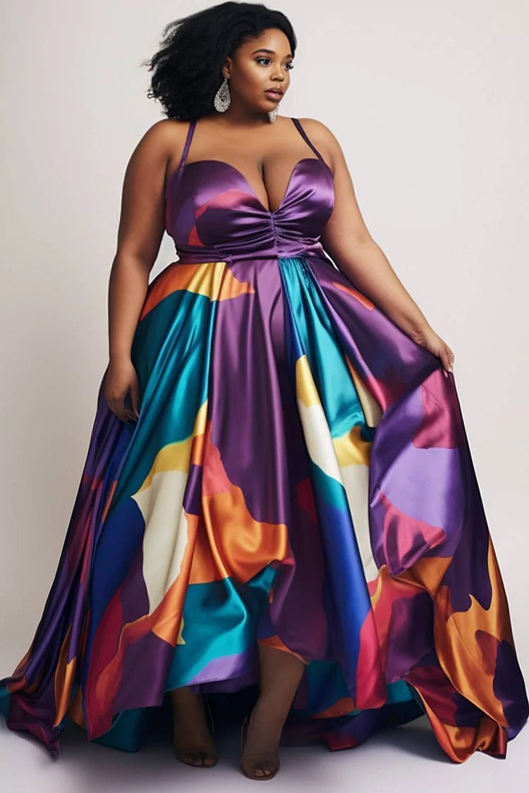 Plus Size Party Purple Colorblock Satin Maxi Dresse