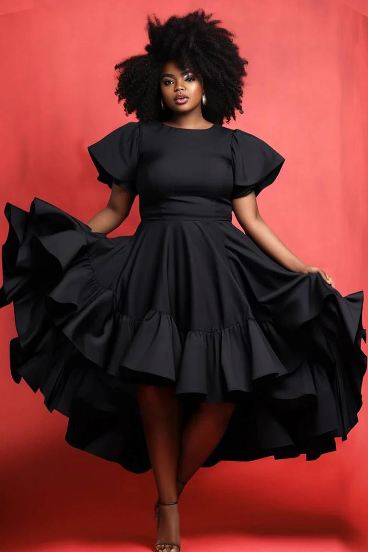 Plus Size Semi Formal Elegant Black Round Neck Puff Sleeve Short Sleeve Ruffle Asymmetric Hem Knitted Midi Dresses