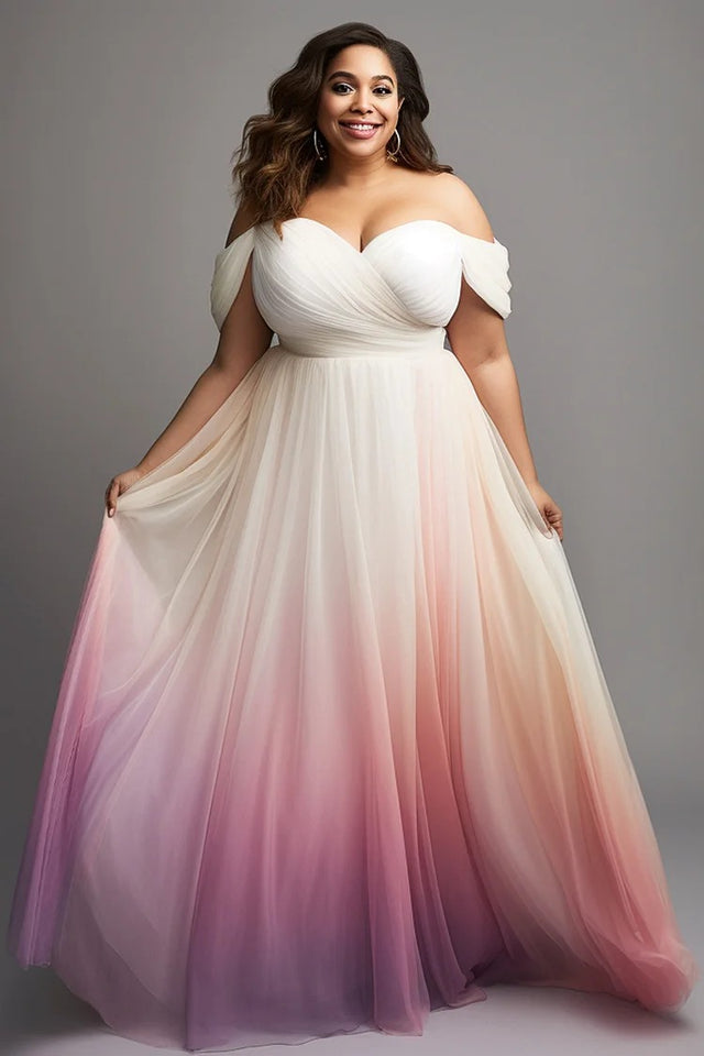 Plus Size Formal Bridesmaid Elegant Pink Gradient Off The Shoulder Tulle Maxi Dress Image