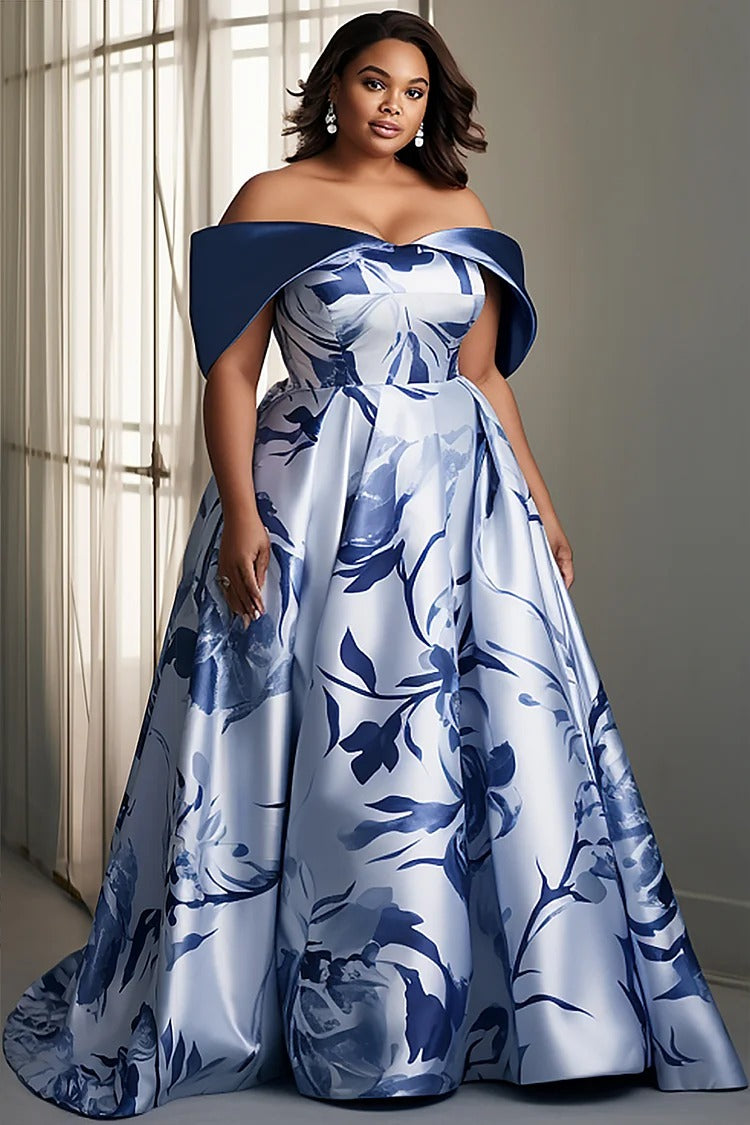 Plus Size Mother Of The Bride Blue Floral Print Off The Shoulder Satin Maxi Dress