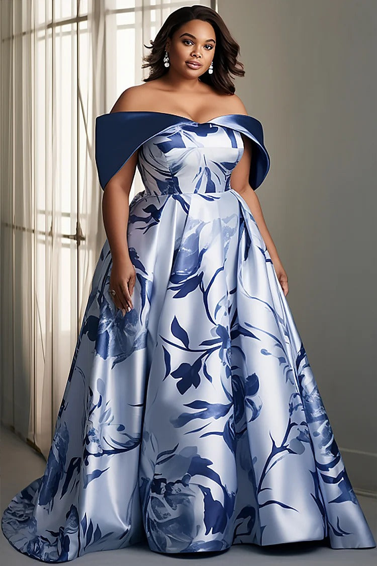 Plus Size Mother Of The Bride Blue Floral Print Off The Shoulder Satin Maxi Dress Plus Size Mother Of The Bride Blue Floral Print Off The Shoulder Satin Maxi Dress