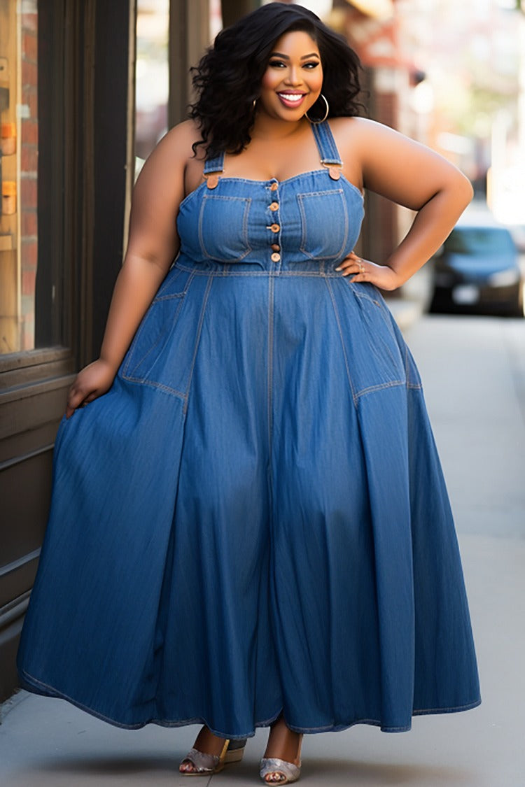 Plus Size Daily Blue Button Overall Tencel Denim Maxi Dress