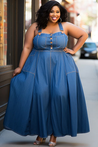 Plus Size Daily Blue Button Overall Tencel Denim Maxi Dress Plus Size Daily Blue Button Overall Tencel Denim Maxi Dress