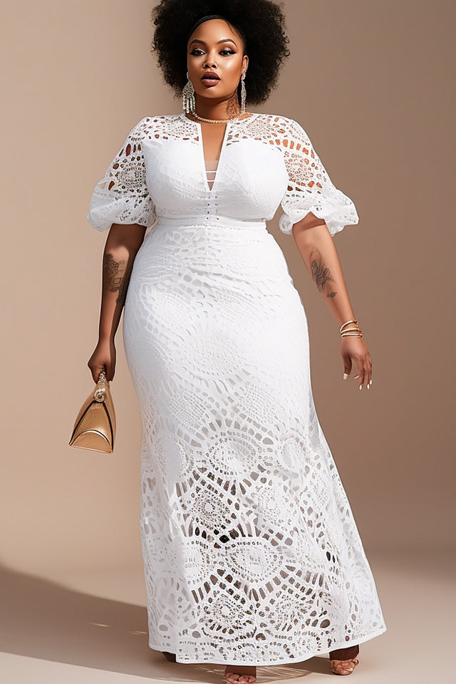 Plus Size Mother Of The Bride Elegant White Round Neck Puff Sleeve Short Sleeve Hollow Lace Maxi Dress Image