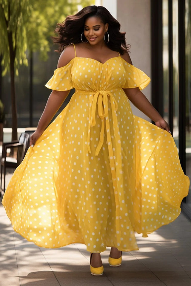 Plus Size Vacation Yellow Polka Dot Open Shoulder Short Sleeve Wrap Maxi Dress Image