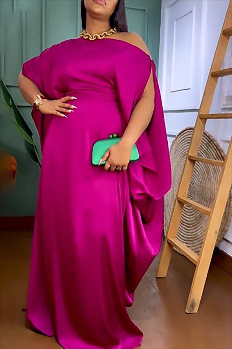 Plus Size Semi Formal Dress Magenta Solid One Shoulder Split Sleeve Maxi Dress Plus Size Semi Formal Dress Magenta Solid One Shoulder Split Sleeve Maxi Dress