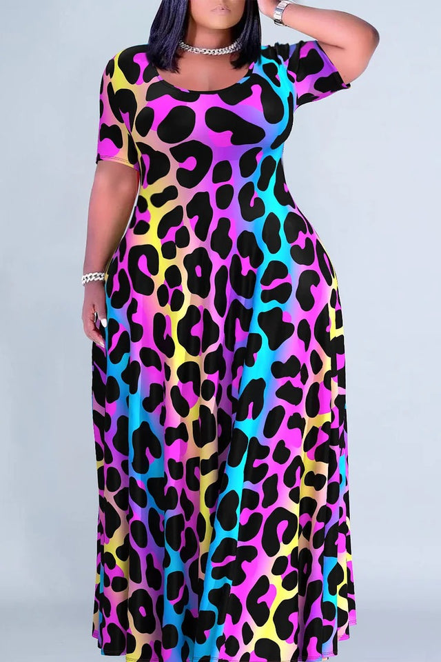 Plus Size Casual Purple Leopard Print Round Neck Short Sleeve Maxi Dress Image