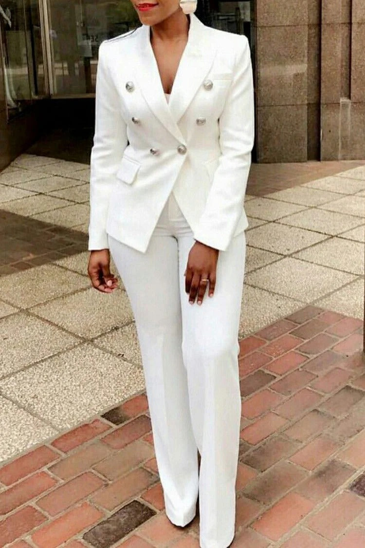 Plus Size Business Casual Pant Set White Lapel Collar Double Breasted High Waist Two Piece Pant Set With Pocket