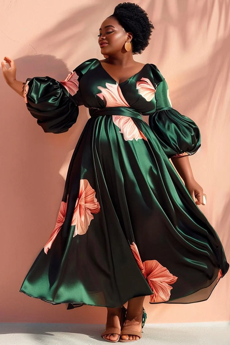 Plus Size Vacation Elegant Green Floral V Neck Lantern Sleeve Satin Maxi Dress