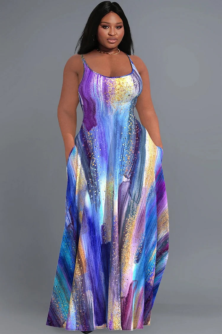 Plus Size Casual Tie Dye U Neck Sleeveless Pocket Maxi Dress