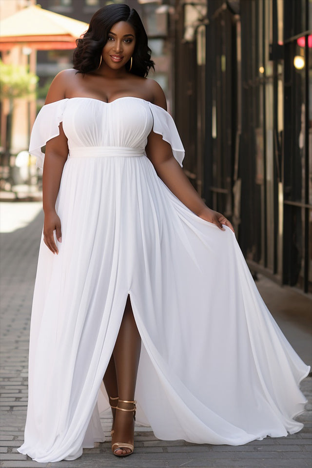 Plus Size Vacation Elegant White Off The Shoulder Cap Sleeve Split Chiffon Maxi Dress Image