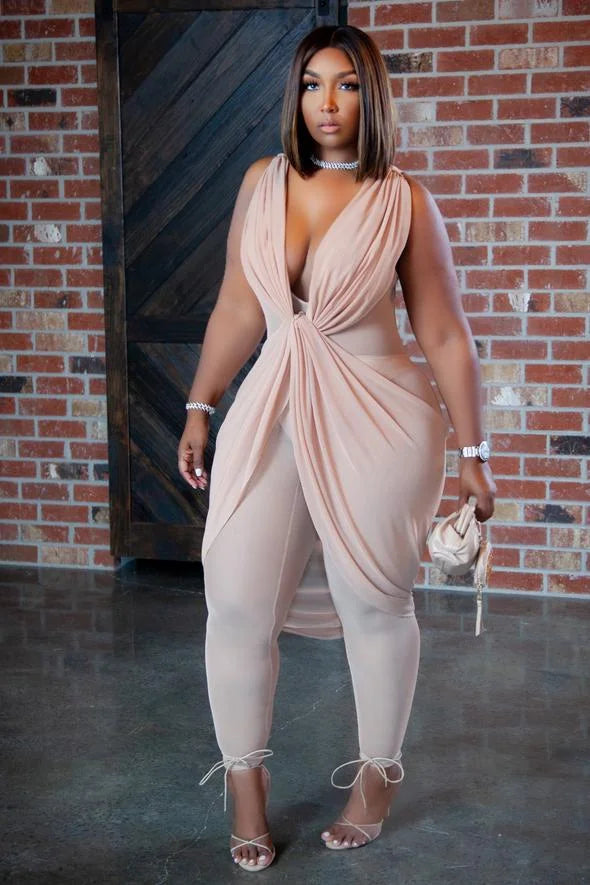 Plus Size Twist Front Fold Design Draping Sleeveless Jumpsuits Image