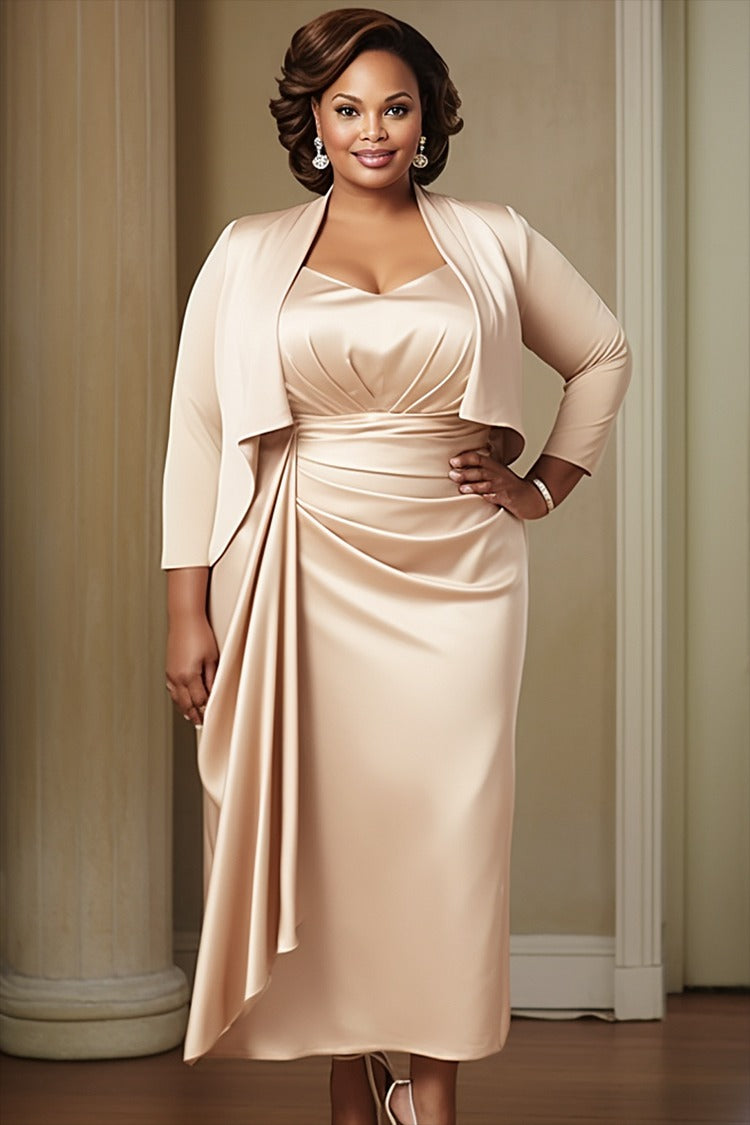 Plus Size Mother Of The Bride Elegant Champagne 3/4 Sleeve Peplum Satin Two Piece Dress Set