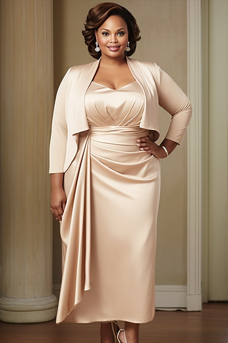 Plus Size Mother Of The Bride Elegant Champagne 3/4 Sleeve Peplum Satin Two Piece Dress Set Plus Size Mother Of The Bride Elegant Champagne 3/4 Sleeve Peplum Satin Two Piece Dress Set