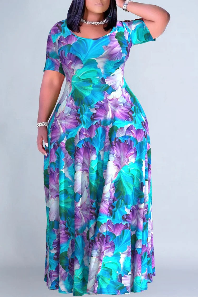 Plus Size Casual Blue Floral Print Round Neck Short Sleeve Maxi Dress