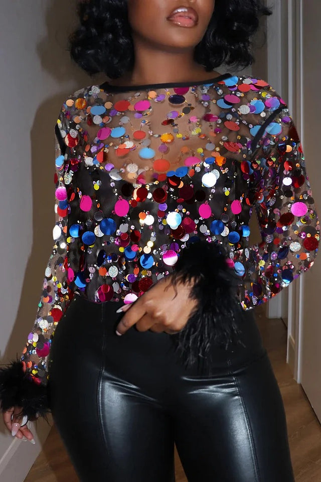 Plus Size Party Blouse Black Round Neck Disco Sequin Feather Mesh See-Through Blouse Image