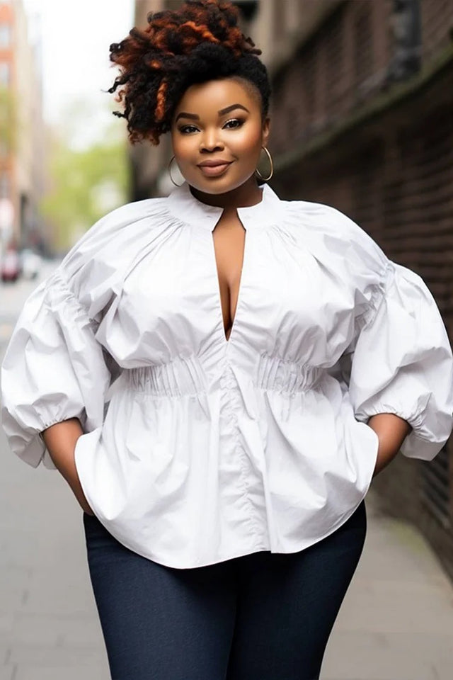 Plus Size Semi Formal White Puff Sleeve 3/4 Sleeve Shirt Image