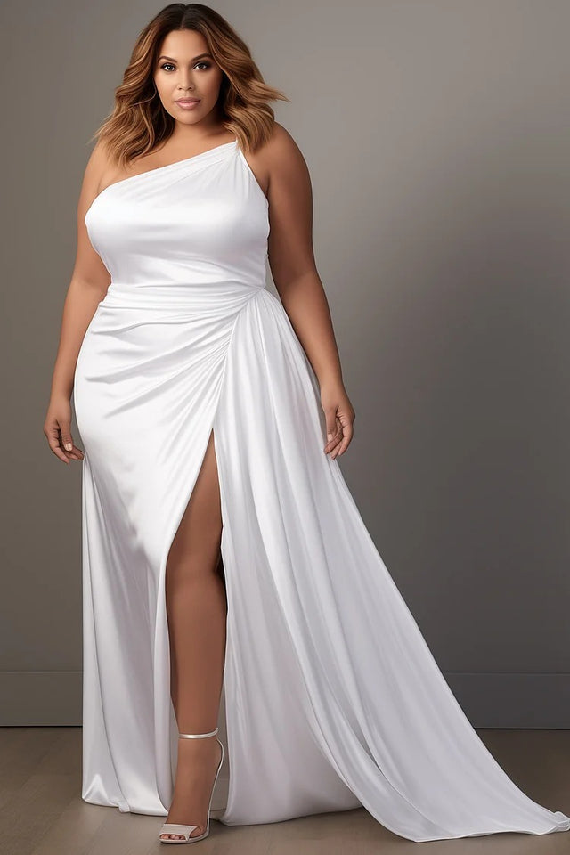 Plus Size Wedding White Oblique Collar Split Fold Satin Maxi Dress Image