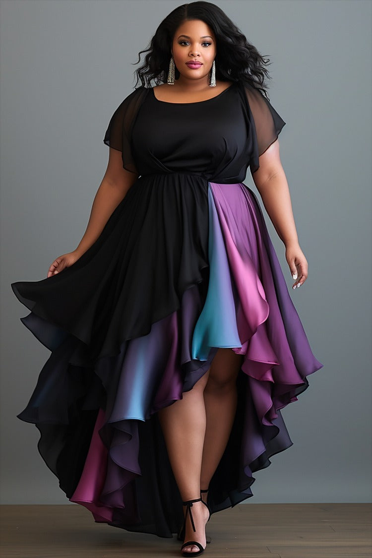 Plus Size Wedding Guest Purple Round Neck Asymmetric Hem Midi Dress