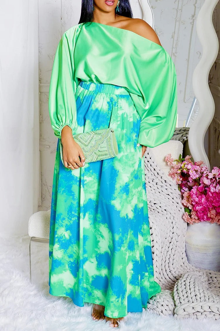 Plus Size Daily Fluorescent Green Tie Dye Oblique Collar Lantern Sleeve Long Sleeve Pocket Satin Two Piece Skirt Set