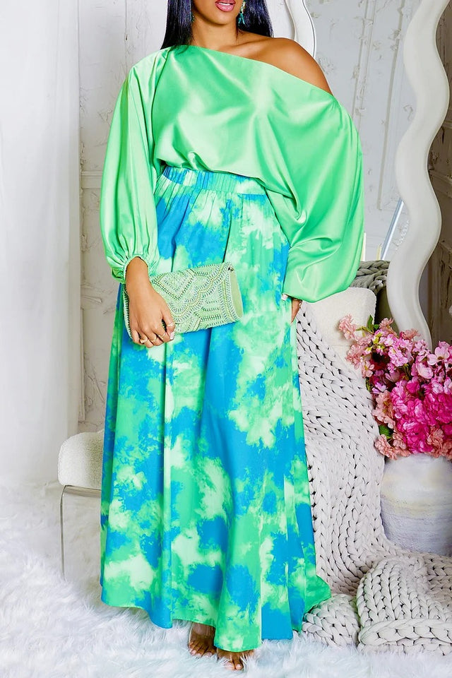 Plus Size Daily Fluorescent Green Tie Dye Oblique Collar Lantern Sleeve Long Sleeve Pocket Satin Two Piece Skirt Set Image