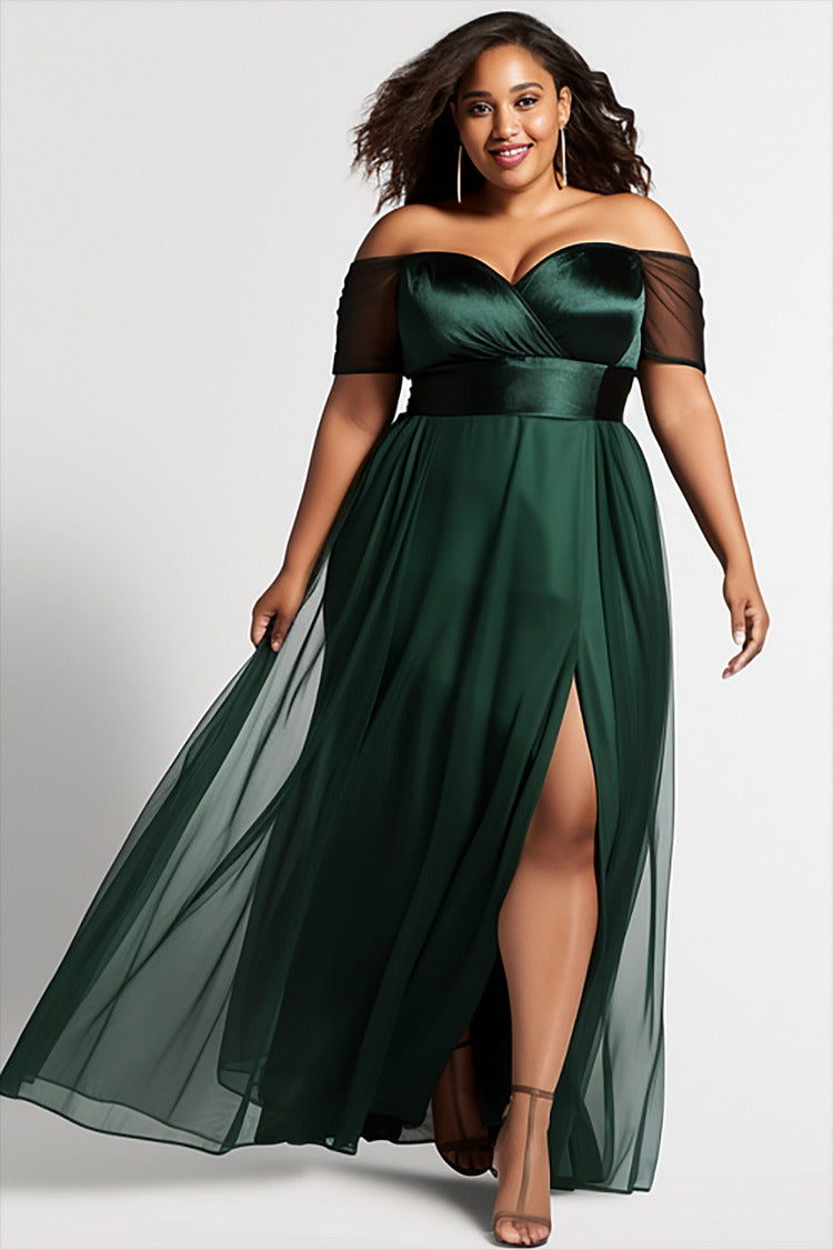 Plus Size Semi Formal Elegant Green Off The Shoulder Split Tulle Maxi Dress