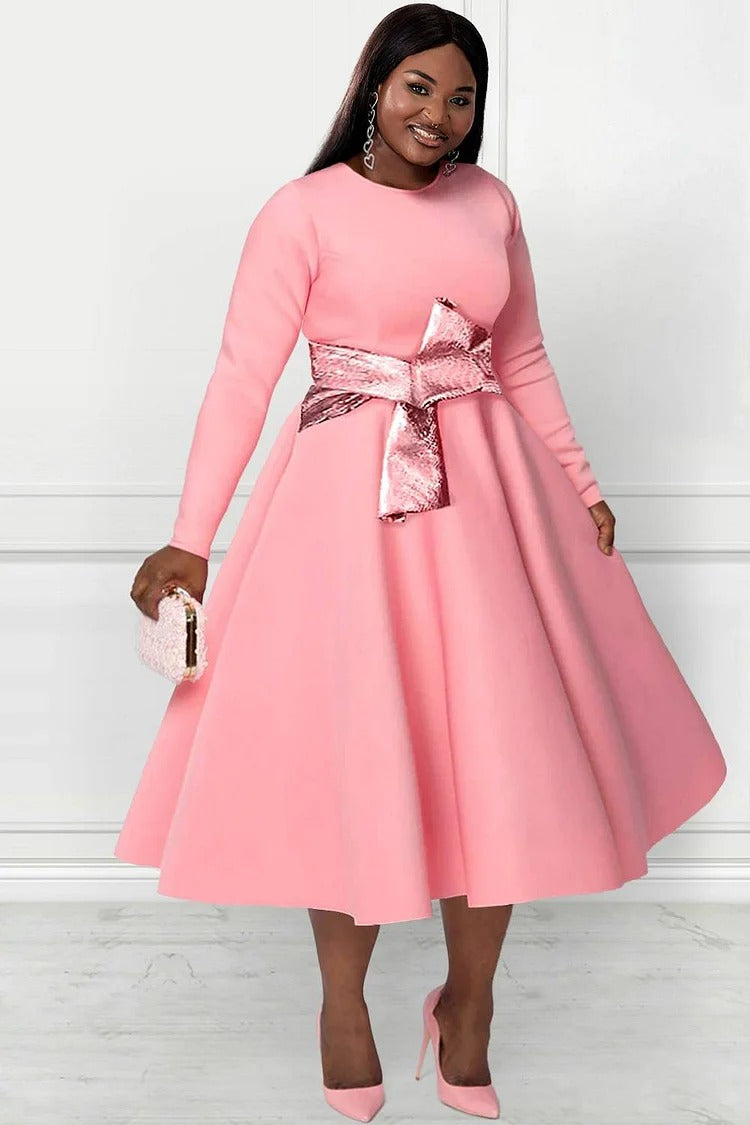 Plus Size Formal Midi Dresses Elegant Pink Fall Winter Crew Neck Long Sleeve Contrast Knitted Midi Dress