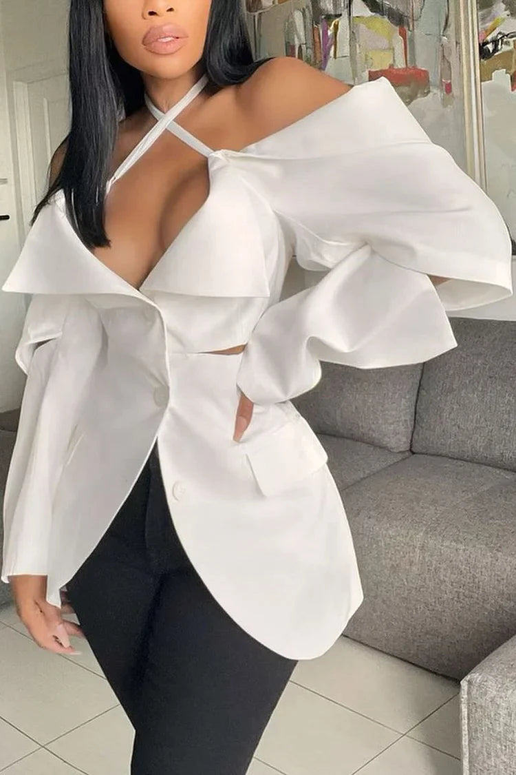 Plus Size White Semi Formal Cold Shoulder Puffy Sleeves Blouses