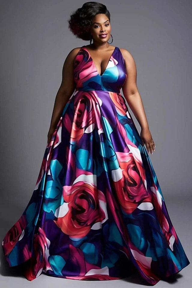 Plus Size Formal Elegant Multicolor Floral V Neck Satin Maxi Dress Image