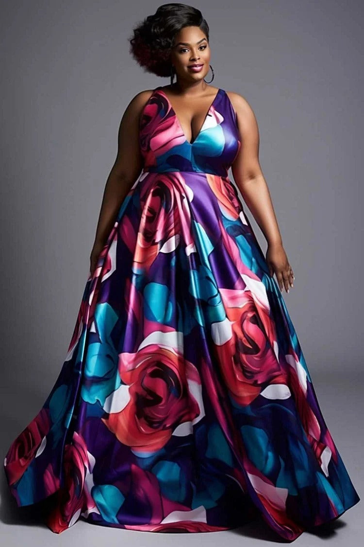 Plus Size Formal Elegant Multicolor Floral V Neck Satin Maxi Dress Plussizefix