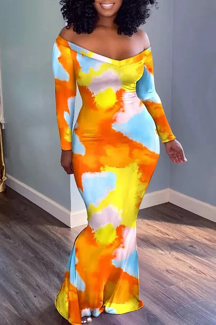 Plus Size Casual Tie Dye Leopard Off The Shoulder Mermaid Maxi Dress