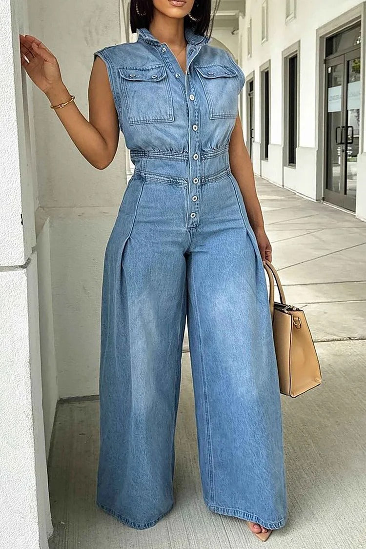 Plus Size Daily Blue Shirt Collar Button Pleated Wide Leg Denim Jumpsuit