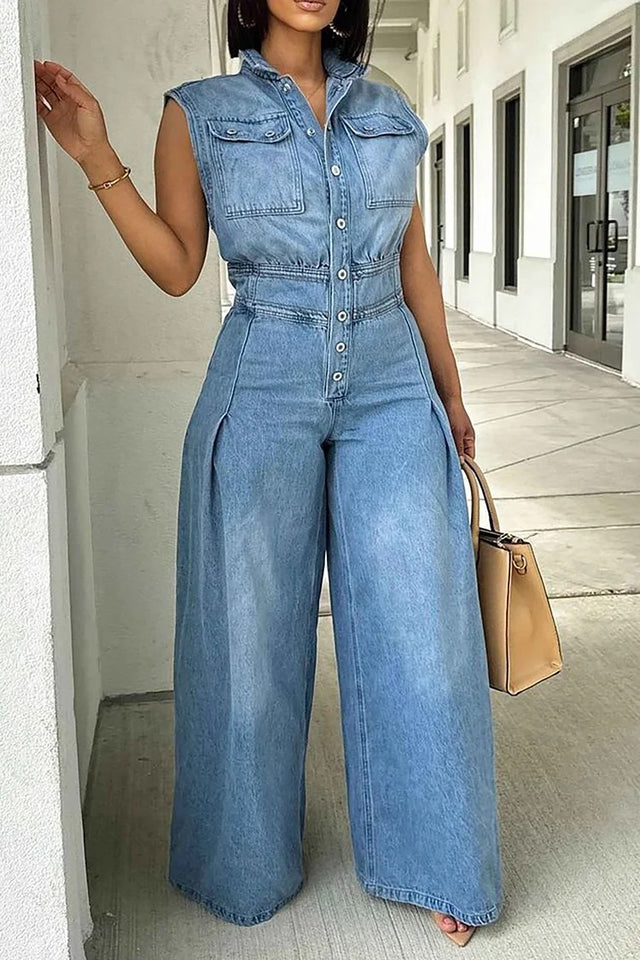 Plus Size Daily Blue Shirt Collar Button Pleated Wide Leg Denim Jumpsuit Image