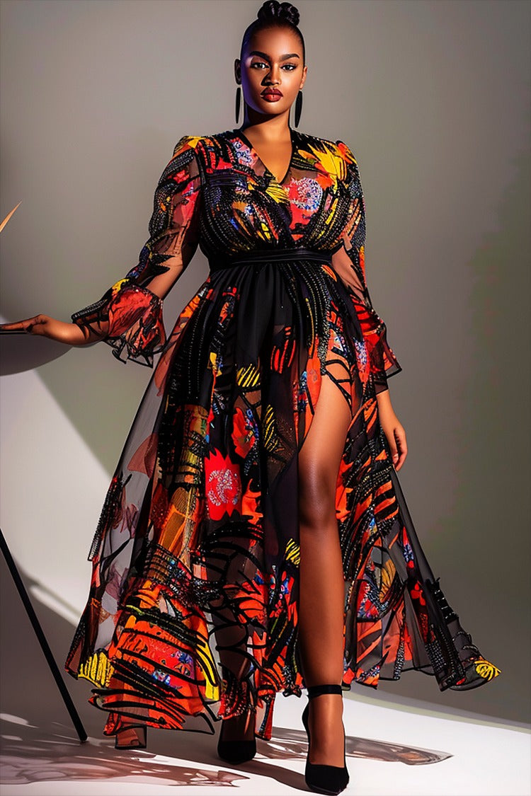 Plus Size Floral V Neck Long Sleeve Split See Through Chiffon Maxi Dress