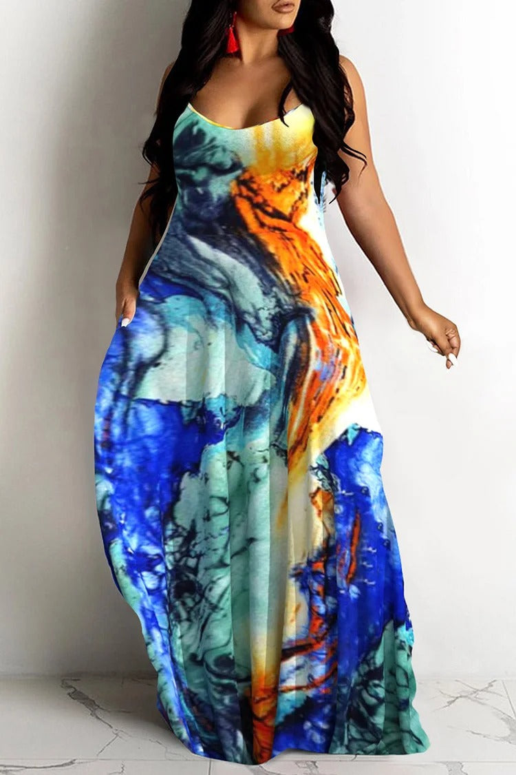 Plus Size Casual Multicolor Tie Dye Print U Neck Sleeveless Pocket Maxi Dress